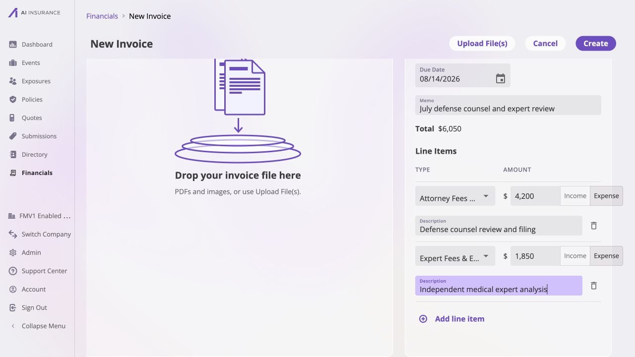 New Invoice form showing an empty invoice-file drop zone, due date August 14, 2026, memo July defense counsel and expert review, a 6,050 dollar total, and two Expense line items for Attorney Fees and Expert Fees.