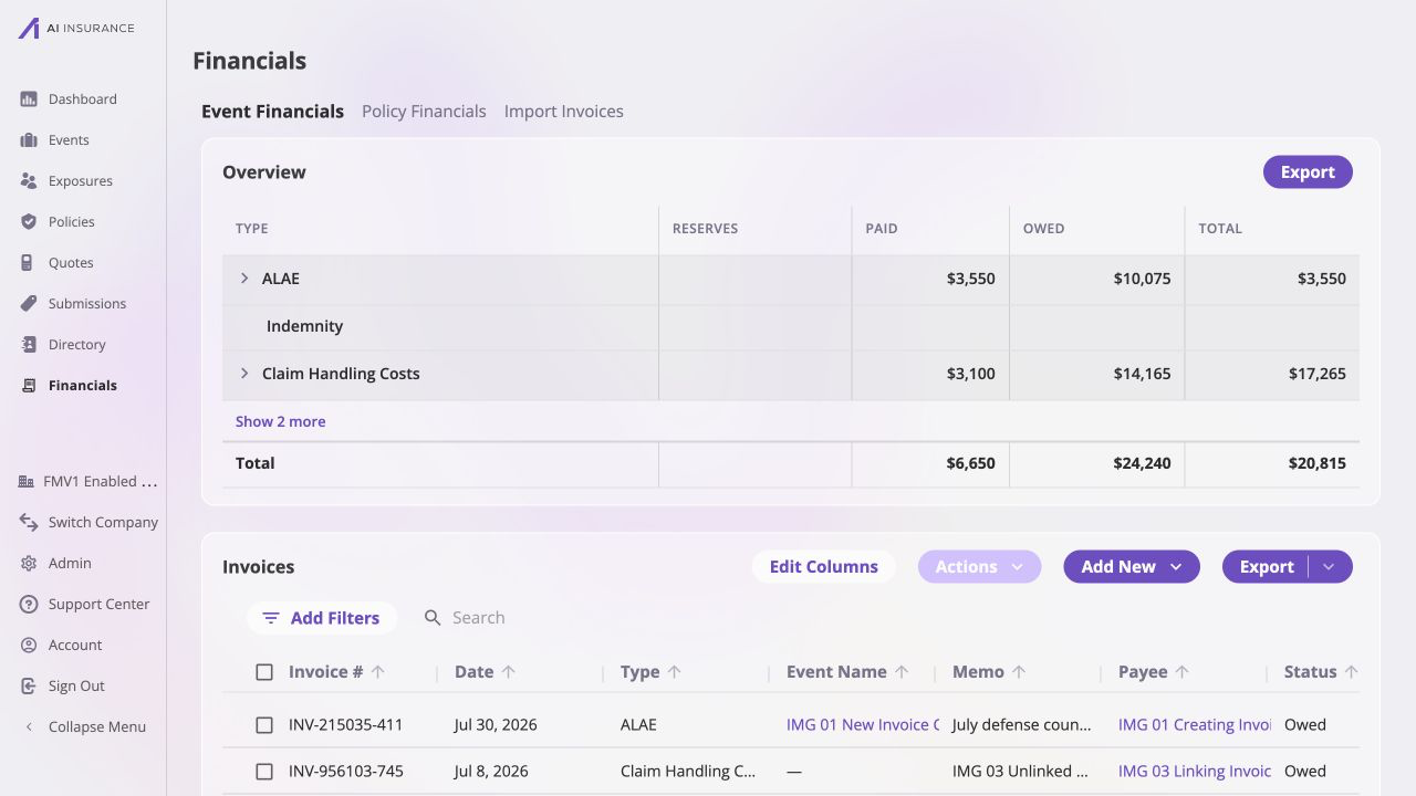 Event Financials invoice list showing newly created invoice INV-215035-411 dated July 30, 2026, type ALAE, linked to IMG 01 New Invoice Claim, with memo July defense counsel and expert review, payee IMG 01 Creating Invoice Services, and status Owed.