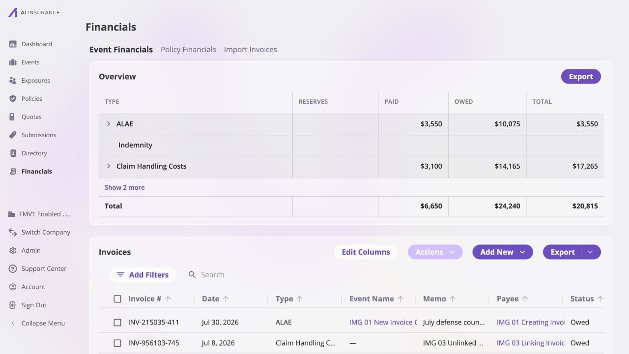 Event Financials invoice list showing newly created invoice INV-215035-411 dated July 30, 2026, type ALAE, linked to IMG 01 New Invoice Claim, with memo July defense counsel and expert review, payee IMG 01 Creating Invoice Services, and status Owed.
