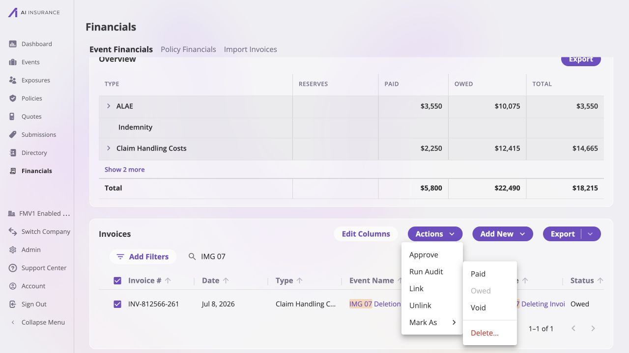 Event Financials with invoice INV-812566-261 selected and the search field set to IMG 07. The open Actions and Mark As menus show Paid, disabled Owed, Void, and the red Delete… option while the selected Owed invoice remains visible for a final target check.