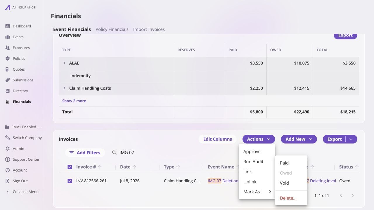 Event Financials with invoice INV-812566-261 selected and the search field set to IMG 07. The open Actions and Mark As menus show Paid, disabled Owed, Void, and the red Delete… option while the selected Owed invoice remains visible for a final target check.