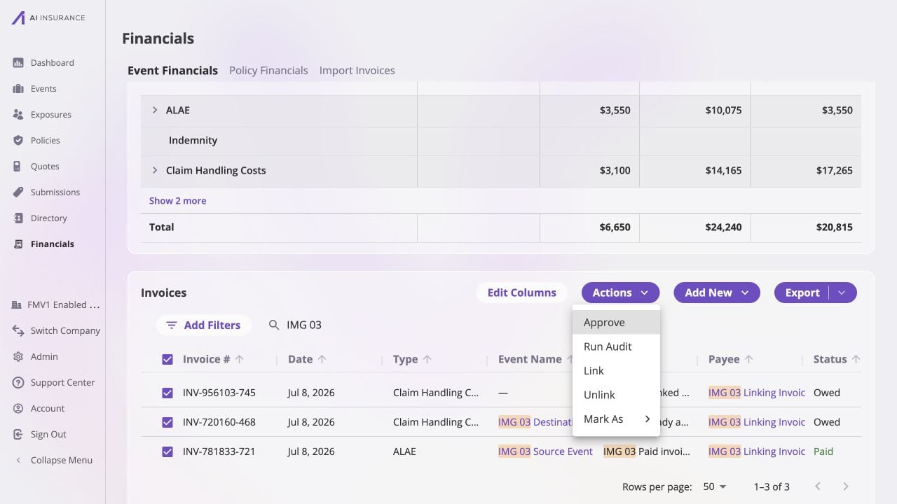 Company Event Financials filtered for IMG 03, with an unlinked Owed invoice, an Owed invoice linked to the destination event, and a paid invoice linked to the source event selected; the Actions menu shows Link and Unlink.