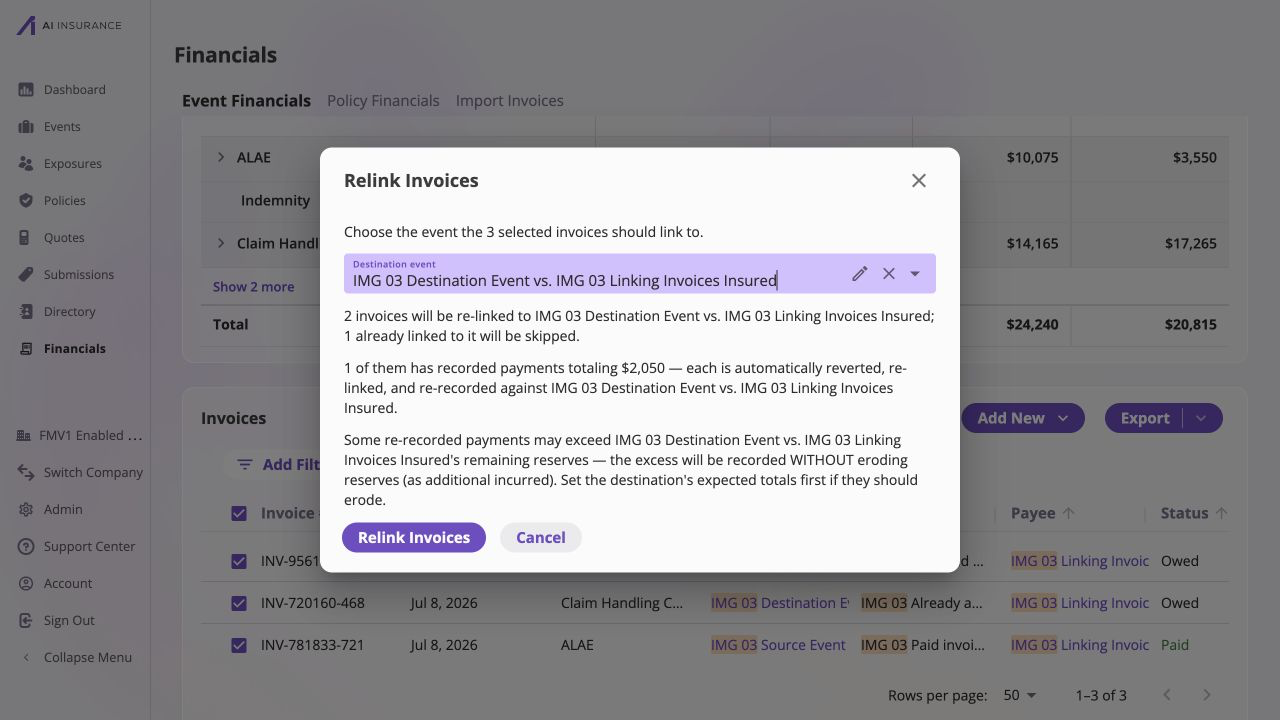 Relink Invoices dialog with IMG 03 Destination Event selected, stating that two invoices will be relinked, one already-linked invoice will be skipped, and one invoice has 2,050 dollars in recorded payments that will be reverted, relinked, and re-recorded.