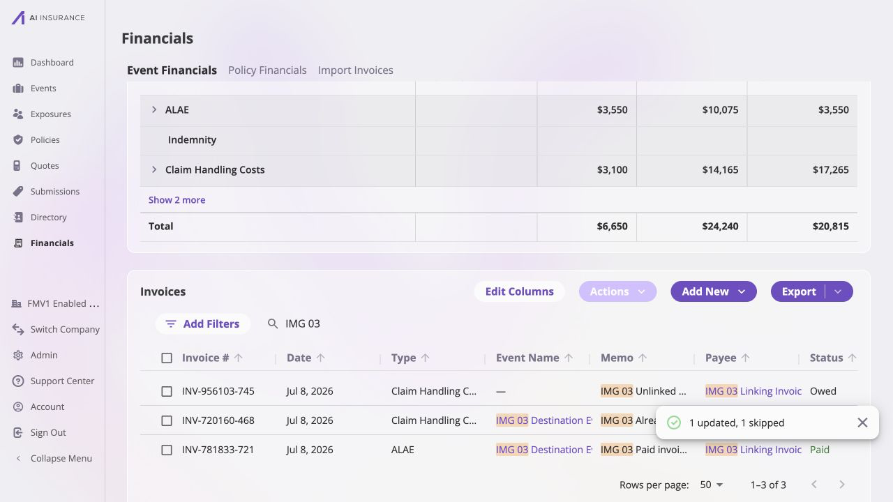 Refreshed Company Event Financials list filtered for IMG 03: INV-720160-468 and paid INV-781833-721 are linked to IMG 03 Destination Event, while Owed INV-956103-745 has an em dash for Event Name; a toast reports one updated and one skipped.