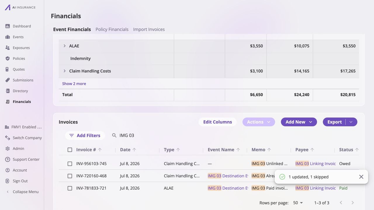 Refreshed Company Event Financials list filtered for IMG 03: INV-720160-468 and paid INV-781833-721 are linked to IMG 03 Destination Event, while Owed INV-956103-745 has an em dash for Event Name; a toast reports one updated and one skipped.