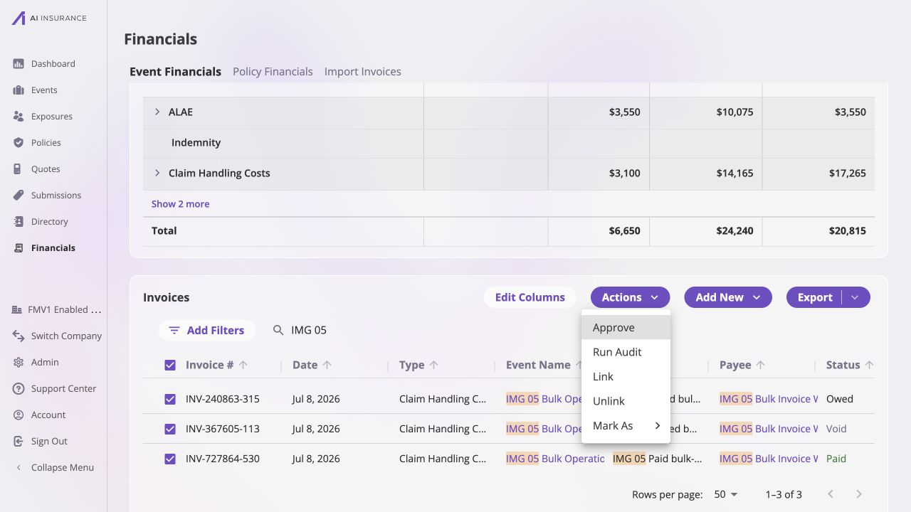 Company Event Financials filtered for IMG 05 with three selected Claim Handling Costs invoices: INV-240863-315 is Owed, INV-367605-113 is Void, and INV-727864-530 is Paid. The Actions menu is open with Approve, Run Bill Review, Link, Unlink, and Mark As available.