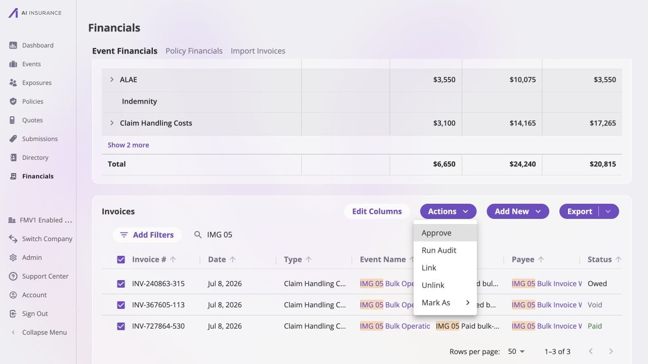 Company Event Financials filtered for IMG 05 with three selected Claim Handling Costs invoices: INV-240863-315 is Owed, INV-367605-113 is Void, and INV-727864-530 is Paid. The Actions menu is open with Approve, Run Bill Review, Link, Unlink, and Mark As available.