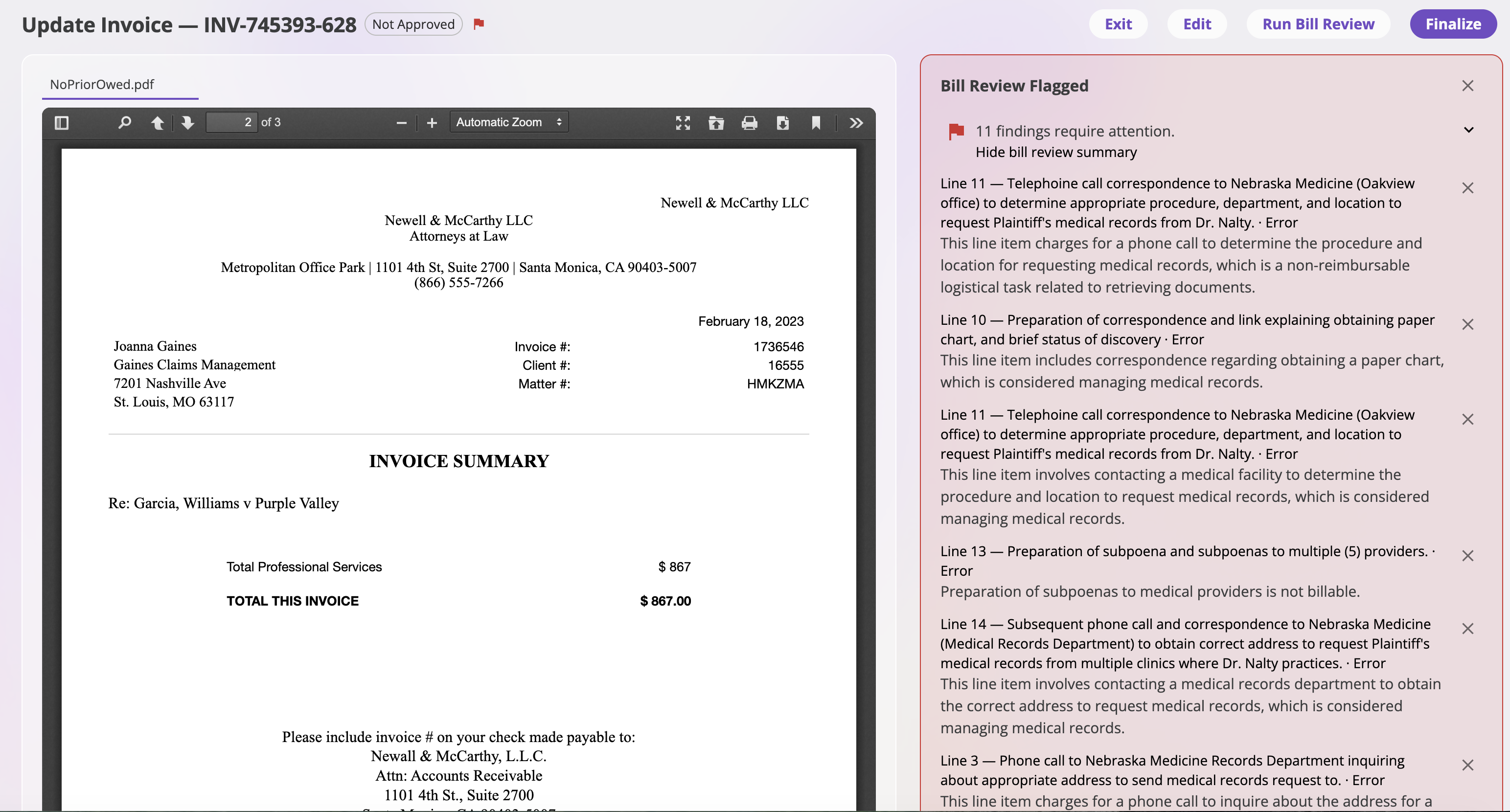 Draft invoice displayed beside an expanded red Bill Review Flagged panel with 11 findings, including line-item errors for medical-record requests and subpoena preparation.