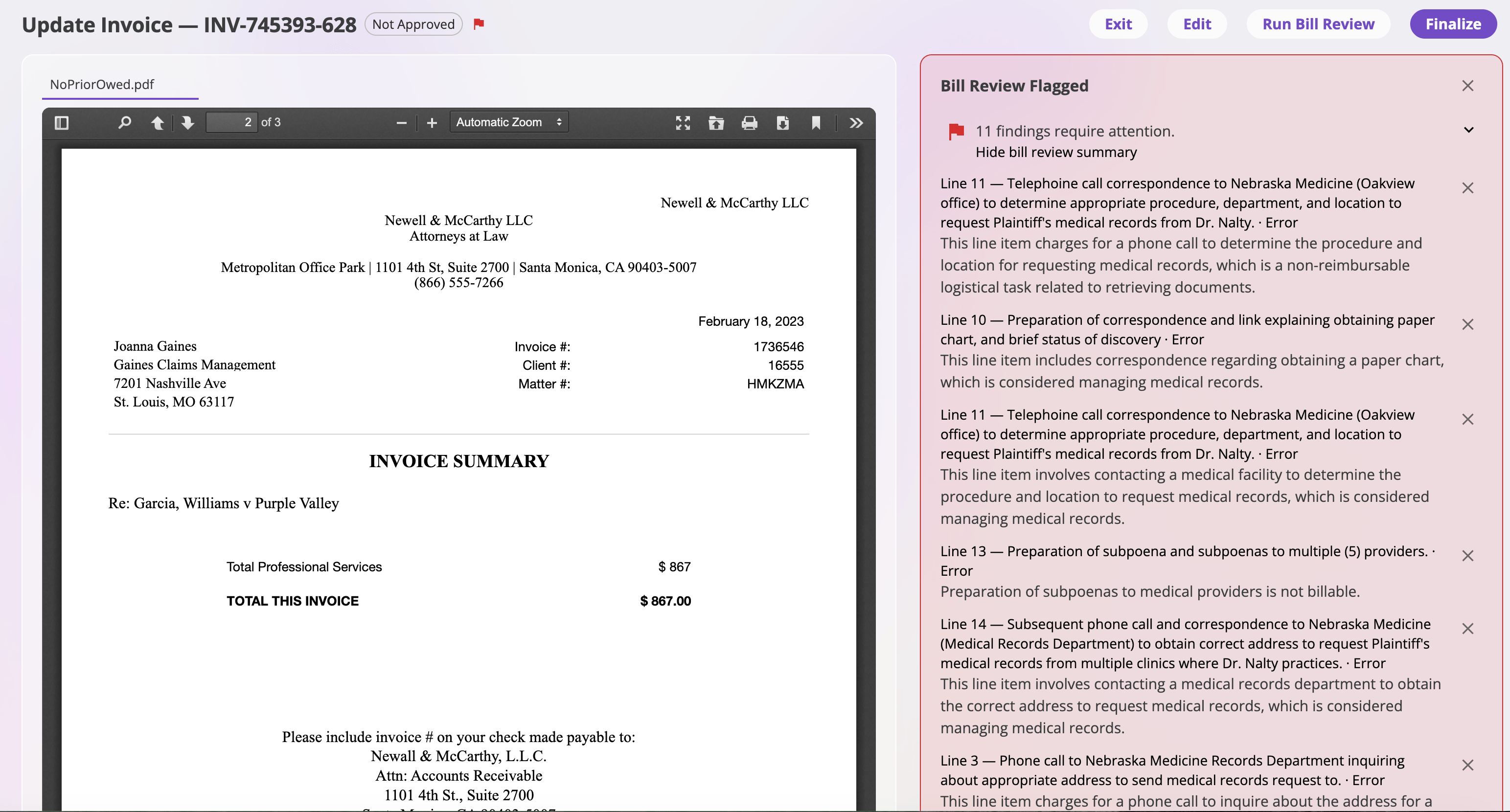 Draft invoice displayed beside an expanded red Bill Review Flagged panel with 11 findings, including line-item errors for medical-record requests and subpoena preparation.