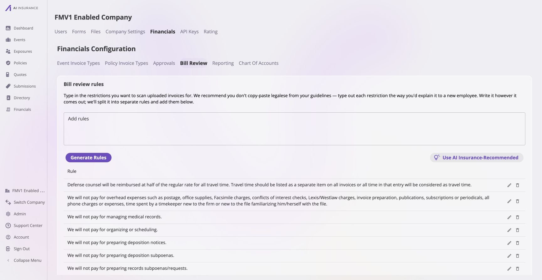 Admin Financials configuration with the Bill Review tab selected. The page shows the Add rules text box, Generate Rules and Use AI Insurance-Recommended actions, and an editable list of active billing rules.