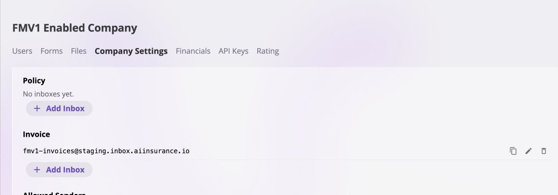 Company Settings Inboxes card with a configured Invoice email address and its copy button.