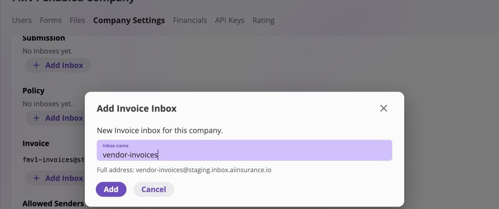 Company Settings with the Add Invoice Inbox dialog open, an invoice inbox name entered, the resulting full email address displayed, and the Add button ready.