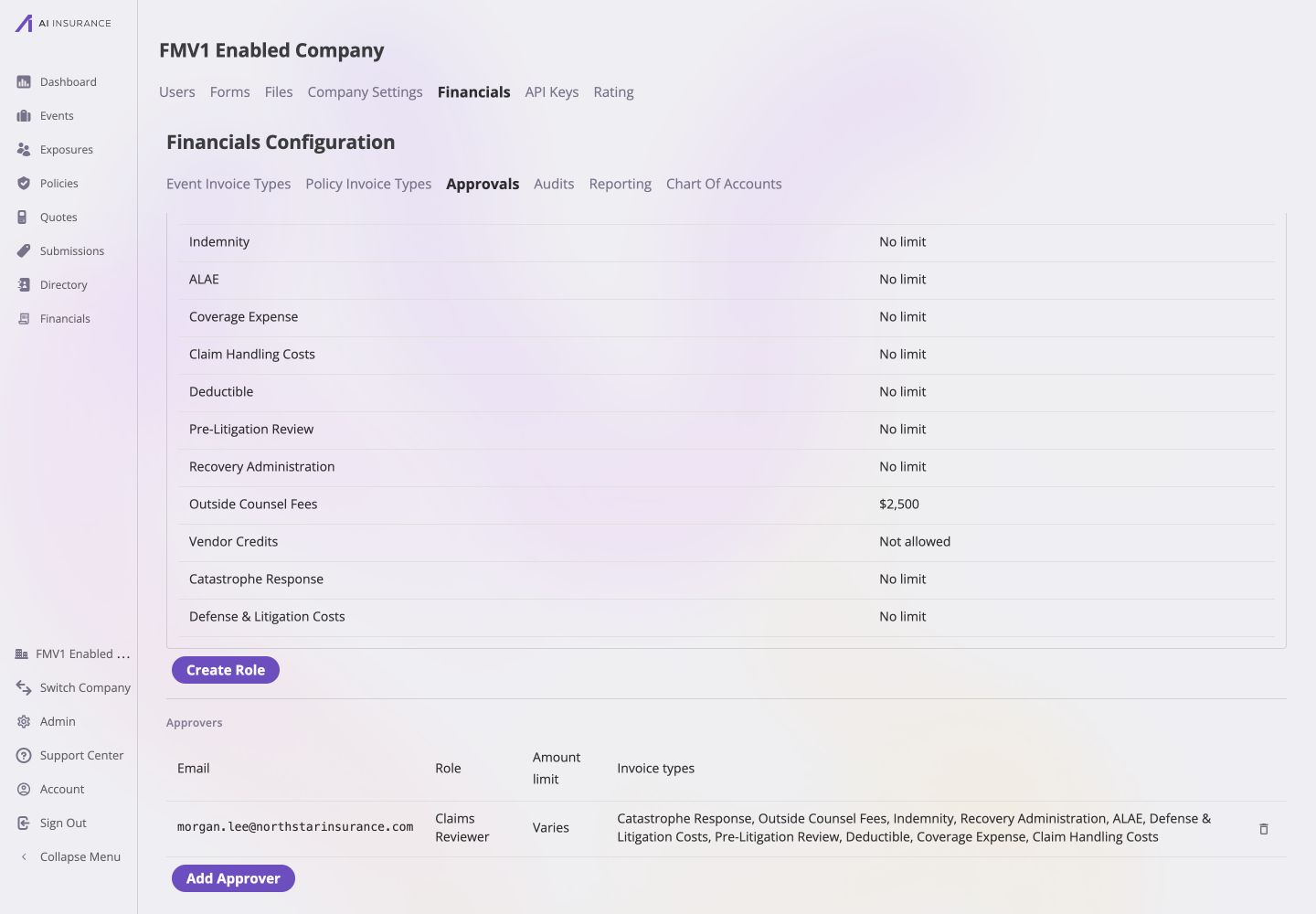 Approvals configuration with Outside Counsel Fees limited to $2,500, Vendor Credits not allowed, and an approver row for morgan.lee@northstarinsurance.com with the Claims Reviewer role, a Varies amount limit, and the allowed Invoice Types.