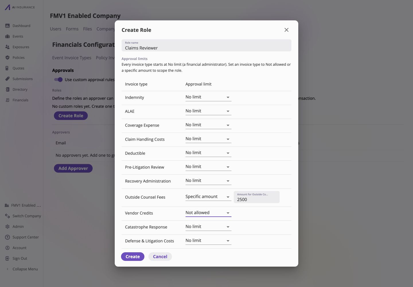 Create Role dialog with Claims Reviewer as the role name and an Approval limits table: Outside Counsel Fees has a specific $2,500 amount, Vendor Credits is not allowed, and the other visible Invoice Types have no limit.