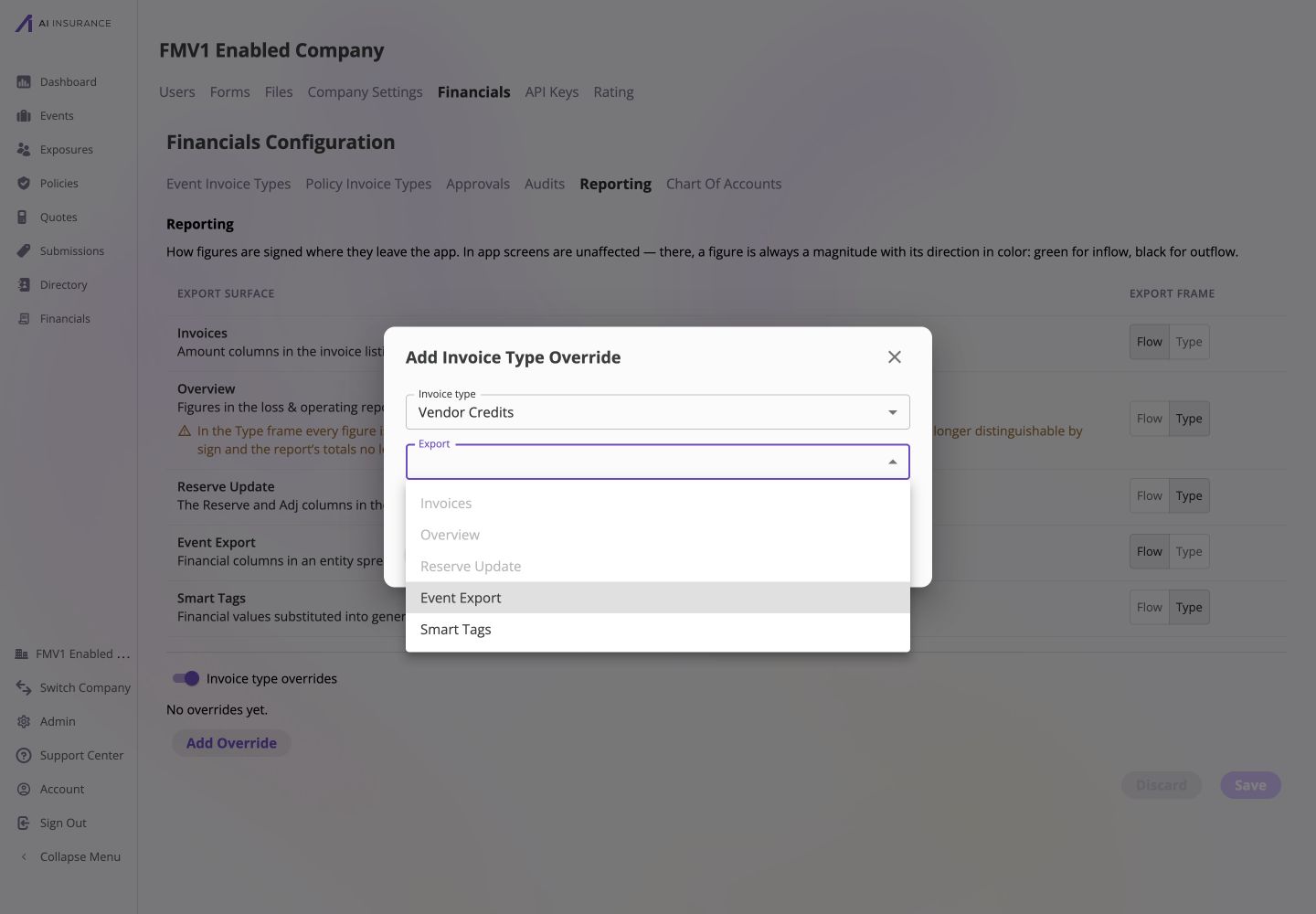 Add Invoice Type Override dialog with Vendor Credits selected and the Export picker open. Invoices, Overview, and Reserve Update are disabled, while Event Export and Smart Tags are available.