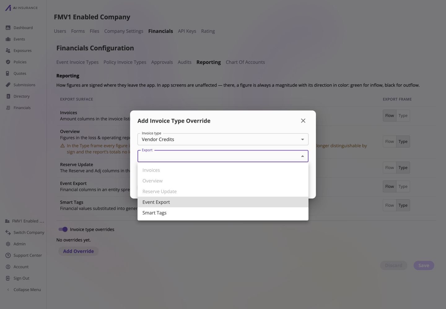 Add Invoice Type Override dialog with Vendor Credits selected and the Export picker open. Invoices, Overview, and Reserve Update are disabled, while Event Export and Smart Tags are available.