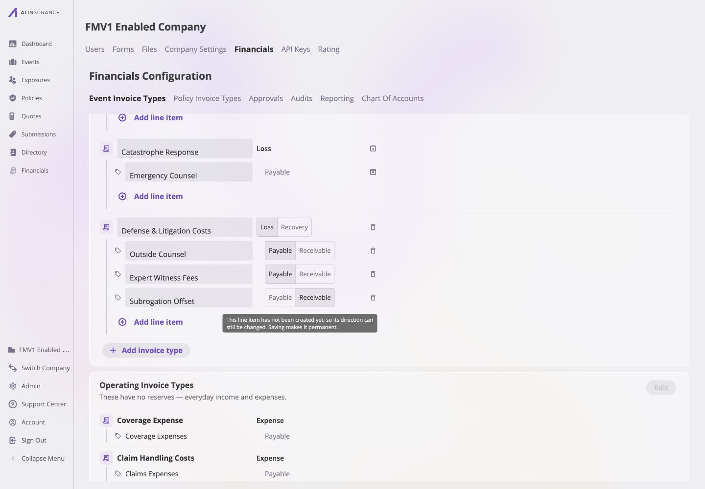 Loss/Recovery Invoice Types in edit mode showing Defense & Litigation Costs with Outside Counsel and Expert Witness Fees marked Payable and Subrogation Offset marked Receivable.