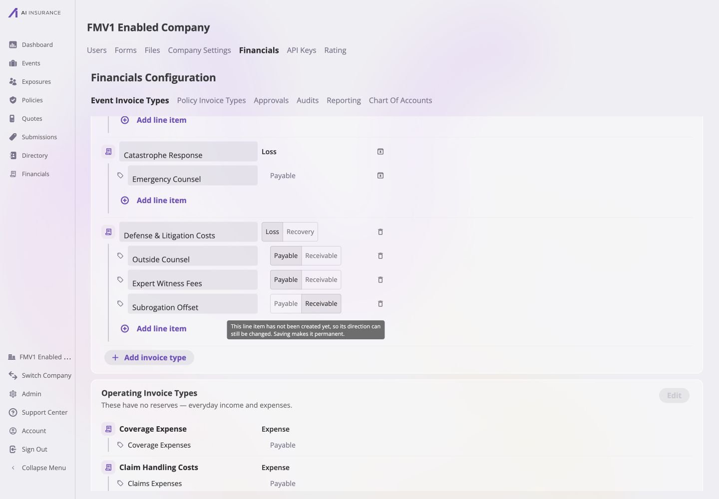 Loss/Recovery Invoice Types in edit mode showing Defense & Litigation Costs with Outside Counsel and Expert Witness Fees marked Payable and Subrogation Offset marked Receivable.