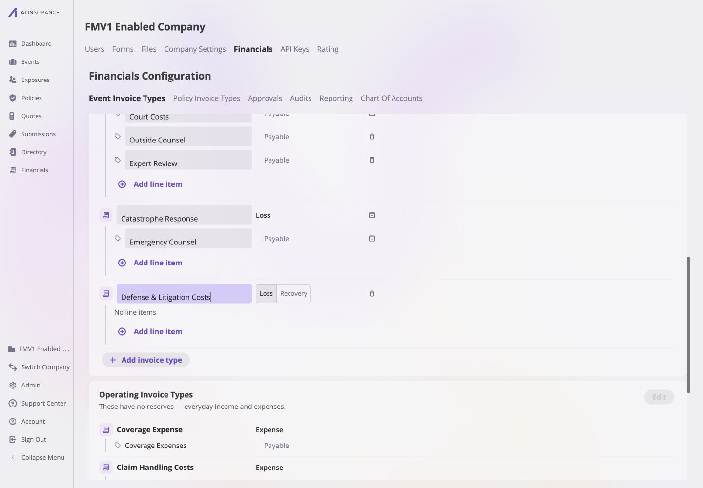 Loss/Recovery Invoice Types in edit mode showing Defense & Litigation Costs with Loss selected and no Line Item Types.