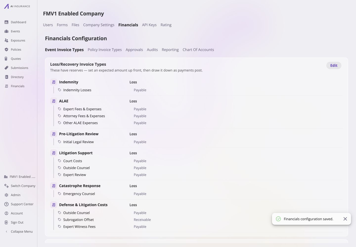 Saved Loss/Recovery Invoice Types configuration showing Defense & Litigation Costs with Outside Counsel and Expert Witness Fees marked Payable and Subrogation Offset marked Receivable.