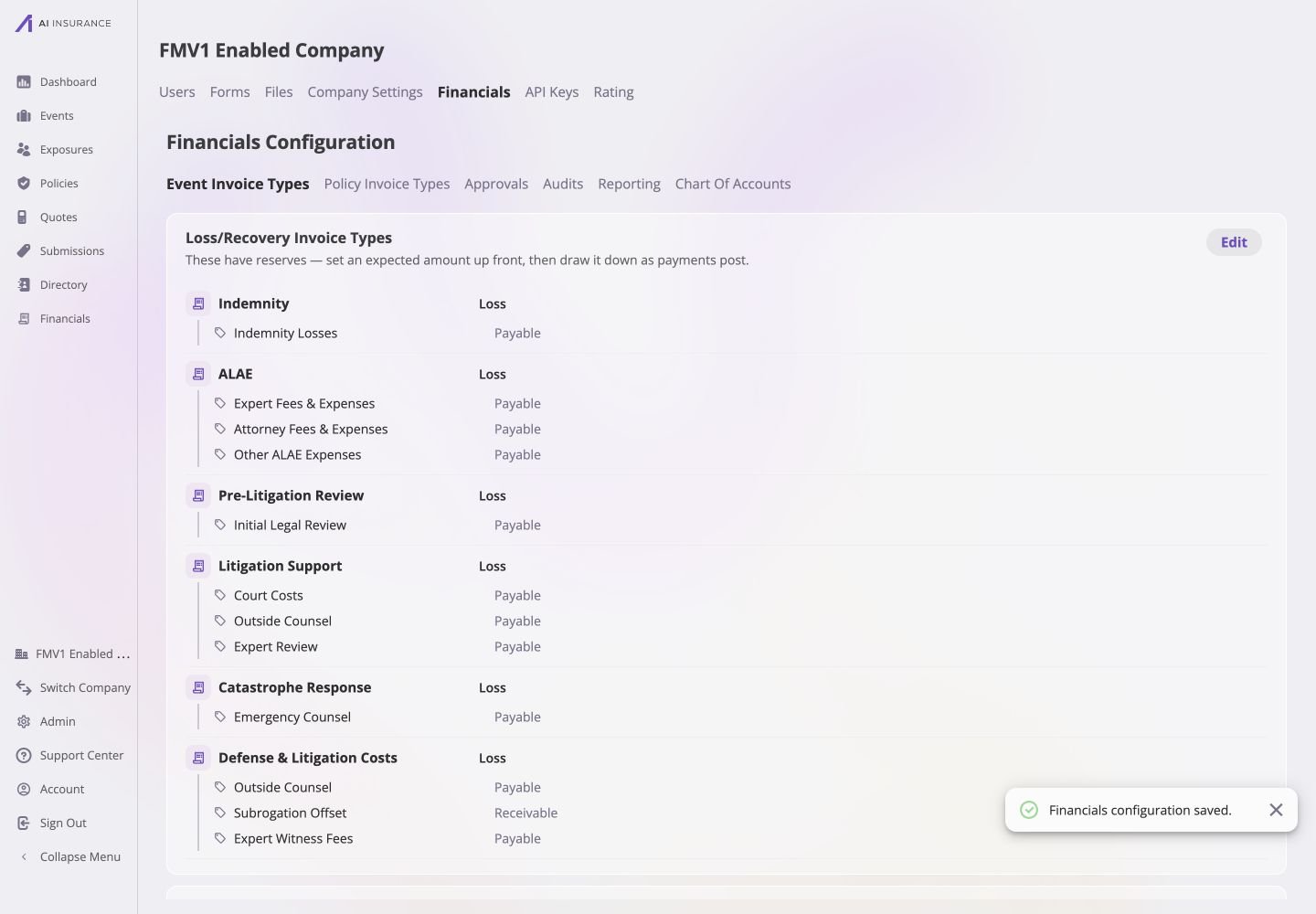 Saved Loss/Recovery Invoice Types configuration showing Defense & Litigation Costs with Outside Counsel and Expert Witness Fees marked Payable and Subrogation Offset marked Receivable.