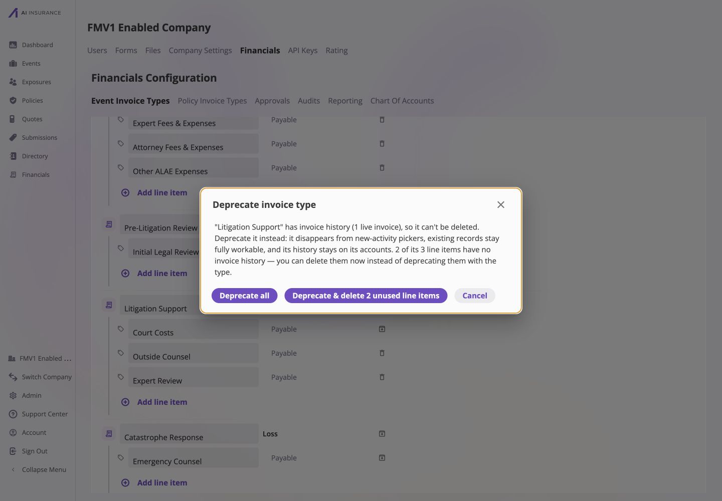Deprecate invoice type dialog for Litigation Support explaining that one live invoice prevents deletion and that two of its three line items have no invoice history. Deprecate all, Deprecate & delete 2 unused line items, and Cancel controls are visible.