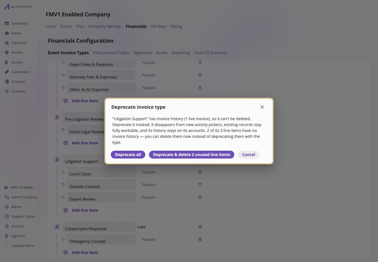Deprecate invoice type dialog for Litigation Support explaining that one live invoice prevents deletion and that two of its three line items have no invoice history. Deprecate all, Deprecate & delete 2 unused line items, and Cancel controls are visible.