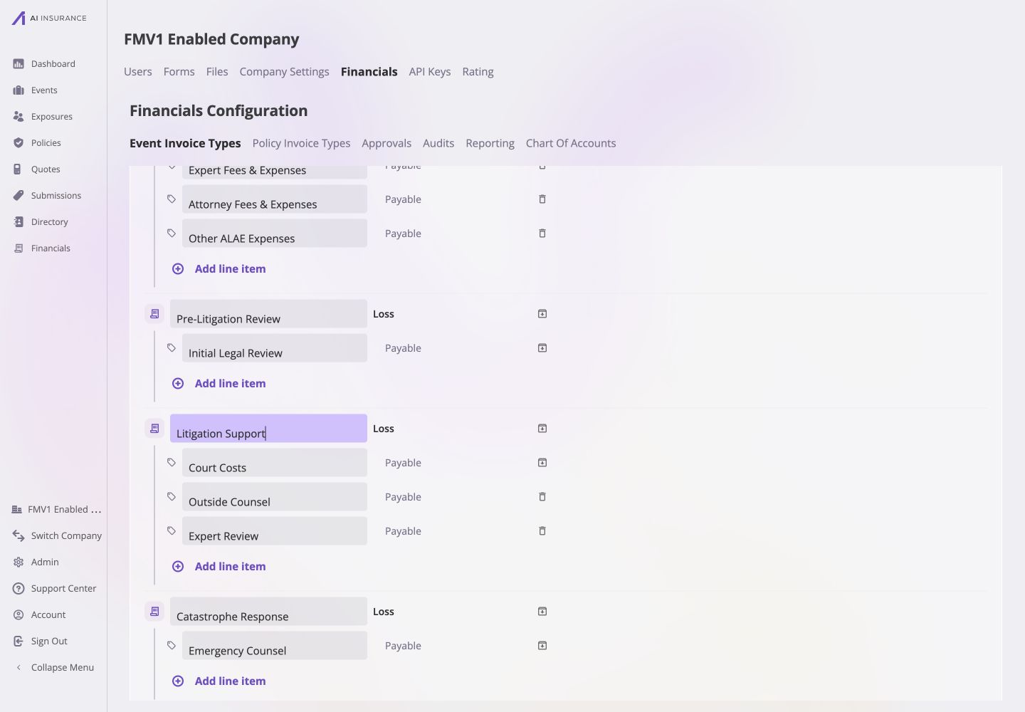 Loss/Recovery Invoice Types in edit mode showing Litigation Support as a Loss type. Its Payable Court Costs line has an archive control, its unused Payable Outside Counsel and Expert Review lines have delete controls, and Add line item is available.
