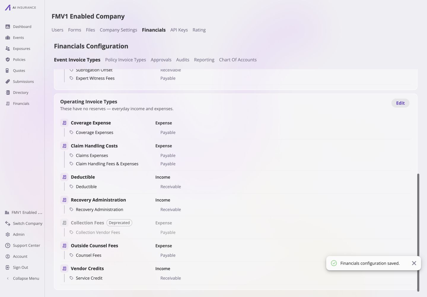 Saved Operating Invoice Types card showing active Recovery Administration with Income and Receivable directions, muted Collection Fees with a Deprecated badge and Expense and Payable directions, and a Financials configuration saved confirmation.