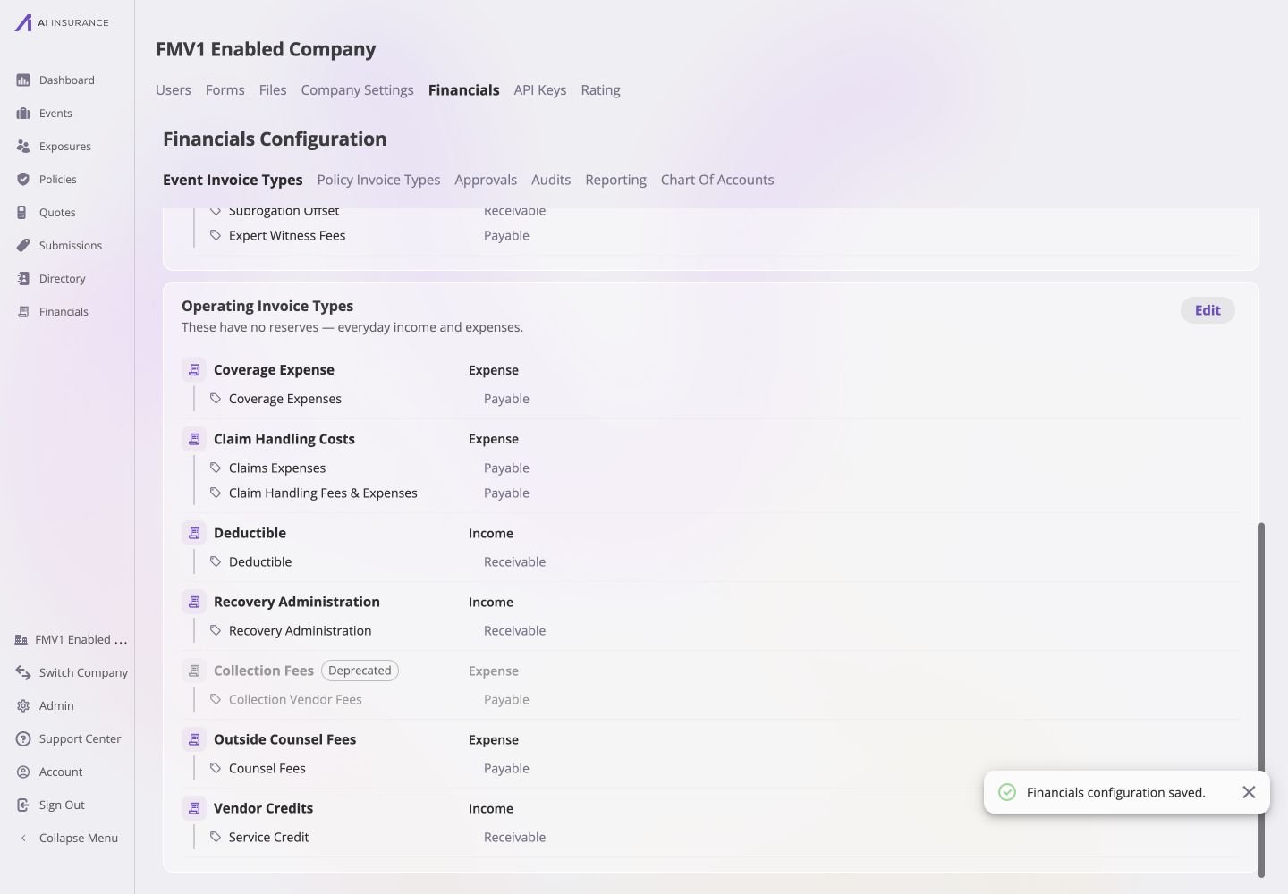 Saved Operating Invoice Types card showing active Recovery Administration with Income and Receivable directions, muted Collection Fees with a Deprecated badge and Expense and Payable directions, and a Financials configuration saved confirmation.