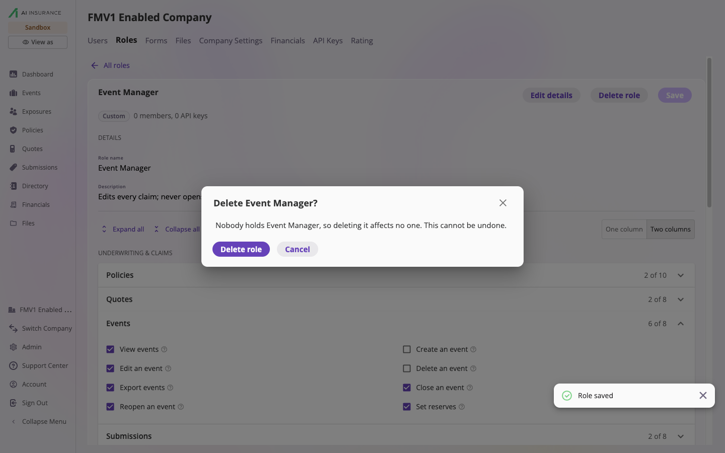 The Delete Event Manager? dialog stating that nobody holds Event Manager, so deleting it affects no one and cannot be undone, with Delete role and Cancel buttons.
