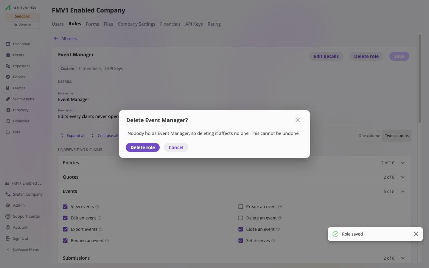The Delete Event Manager? dialog stating that nobody holds Event Manager, so deleting it affects no one and cannot be undone, with Delete role and Cancel buttons.