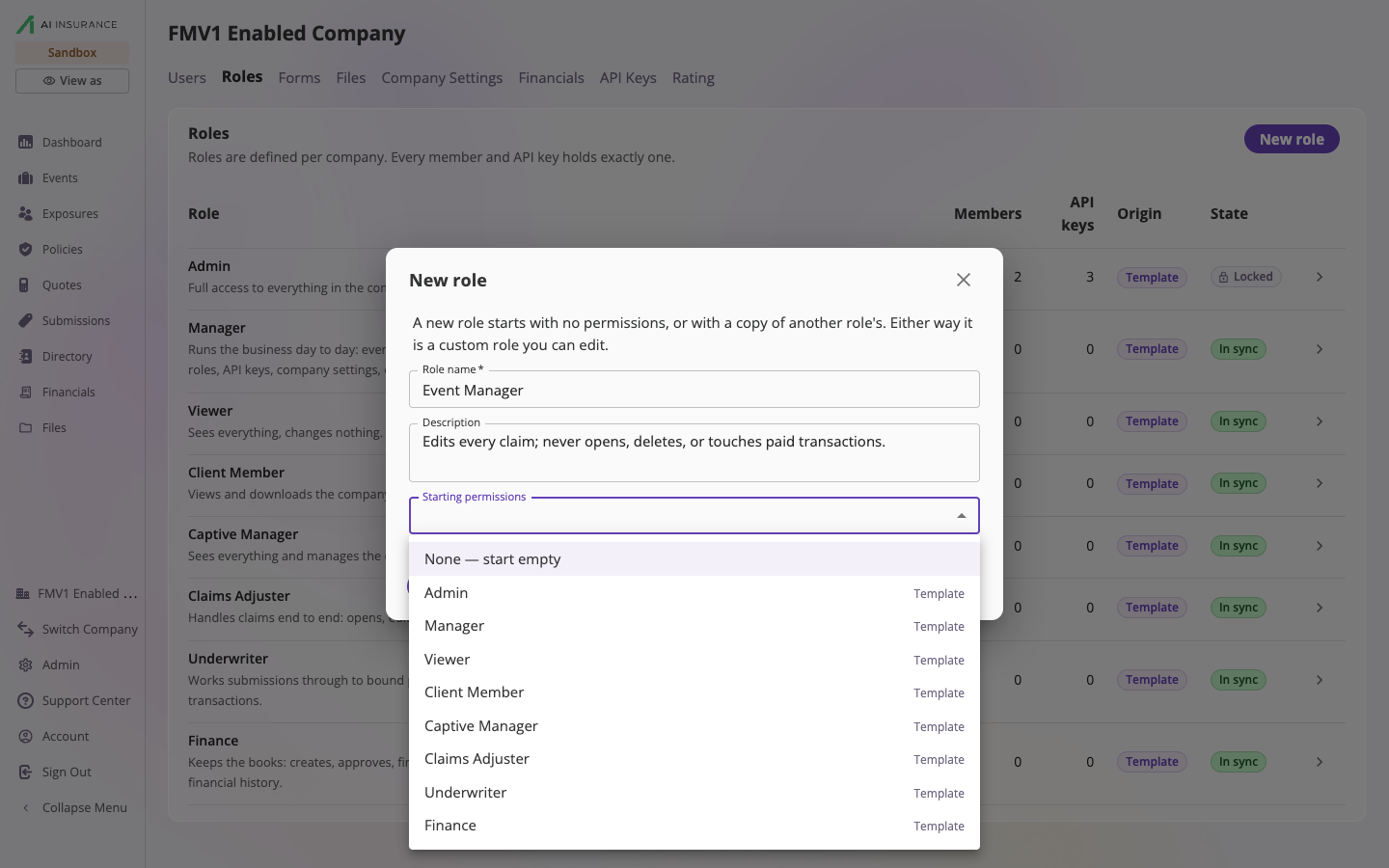The New role dialog with Role name set to Event Manager, a description, and the Starting permissions dropdown open listing None — start empty followed by each standard role marked Template.