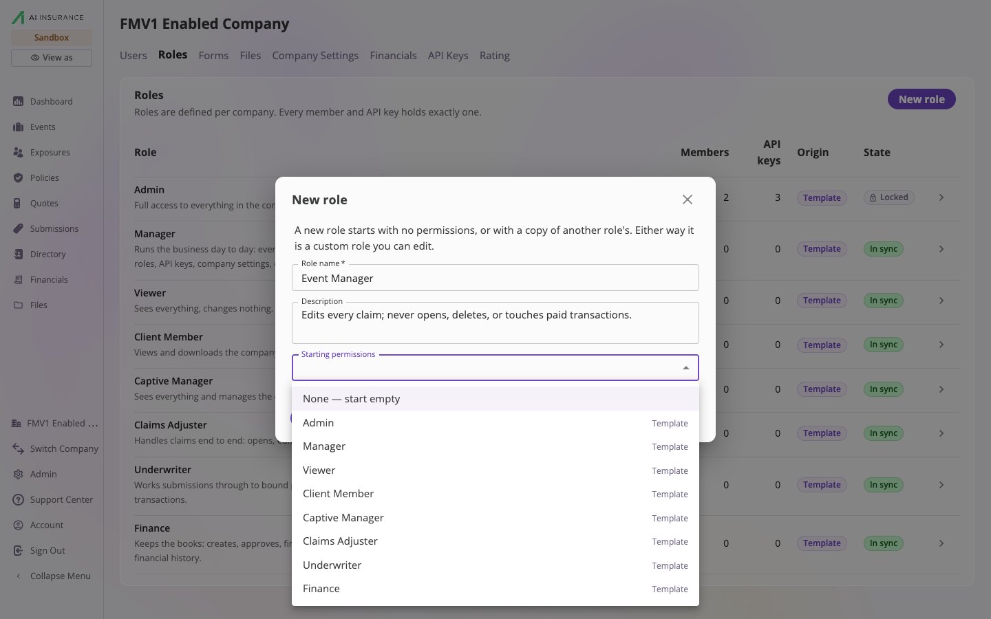 The New role dialog with Role name set to Event Manager, a description, and the Starting permissions dropdown open listing None — start empty followed by each standard role marked Template.