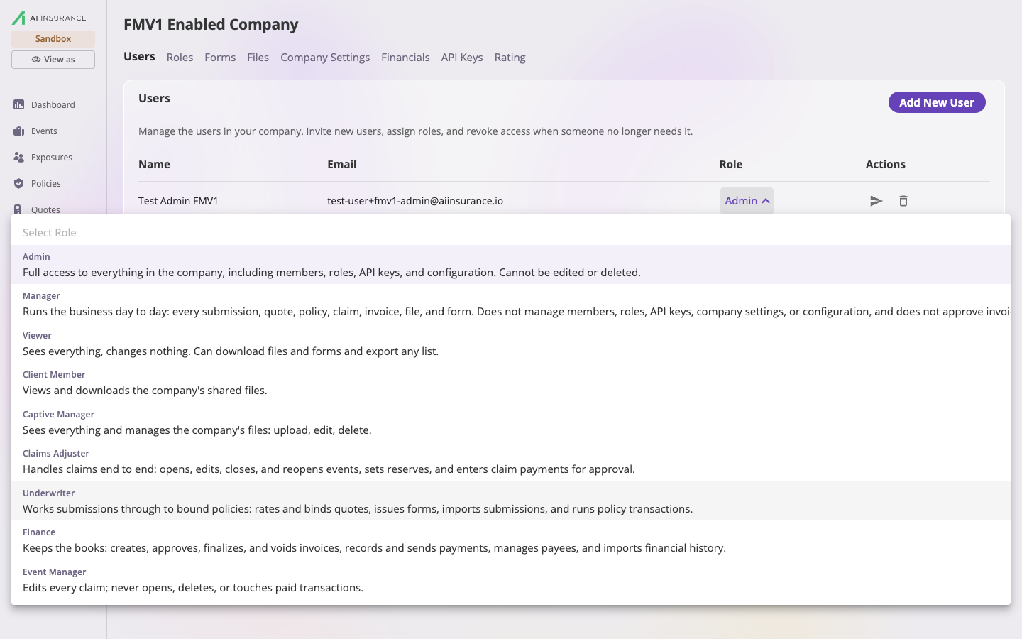 A user row with the Role dropdown expanded, listing Admin, Manager, Viewer, Client Member, Captive Manager, Claims Adjuster, Underwriter, Finance and a custom Event Manager role, each with a short description underneath its name.