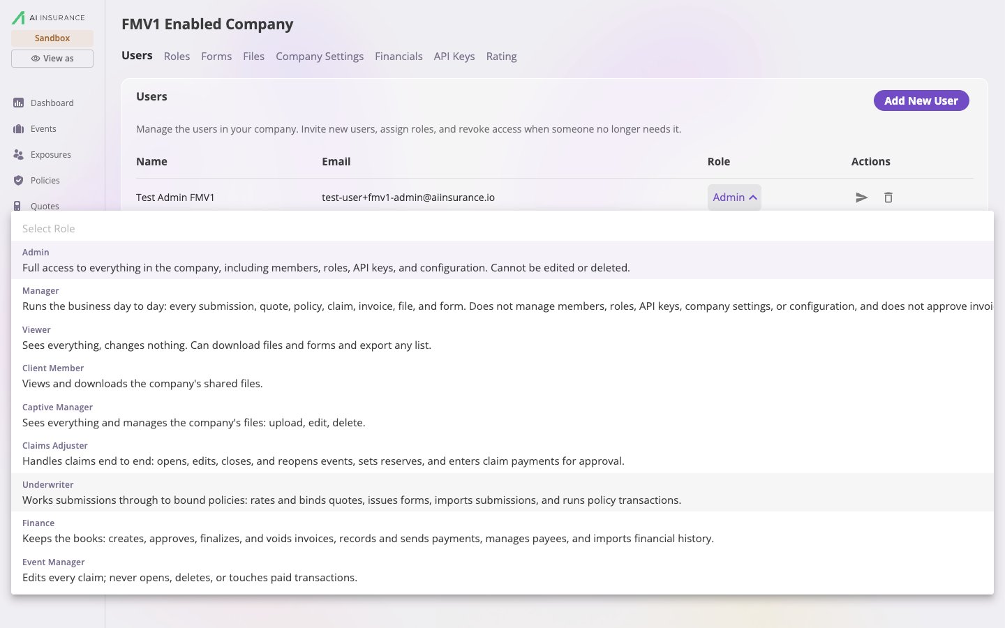 A user row with the Role dropdown expanded, listing Admin, Manager, Viewer, Client Member, Captive Manager, Claims Adjuster, Underwriter, Finance and a custom Event Manager role, each with a short description underneath its name.