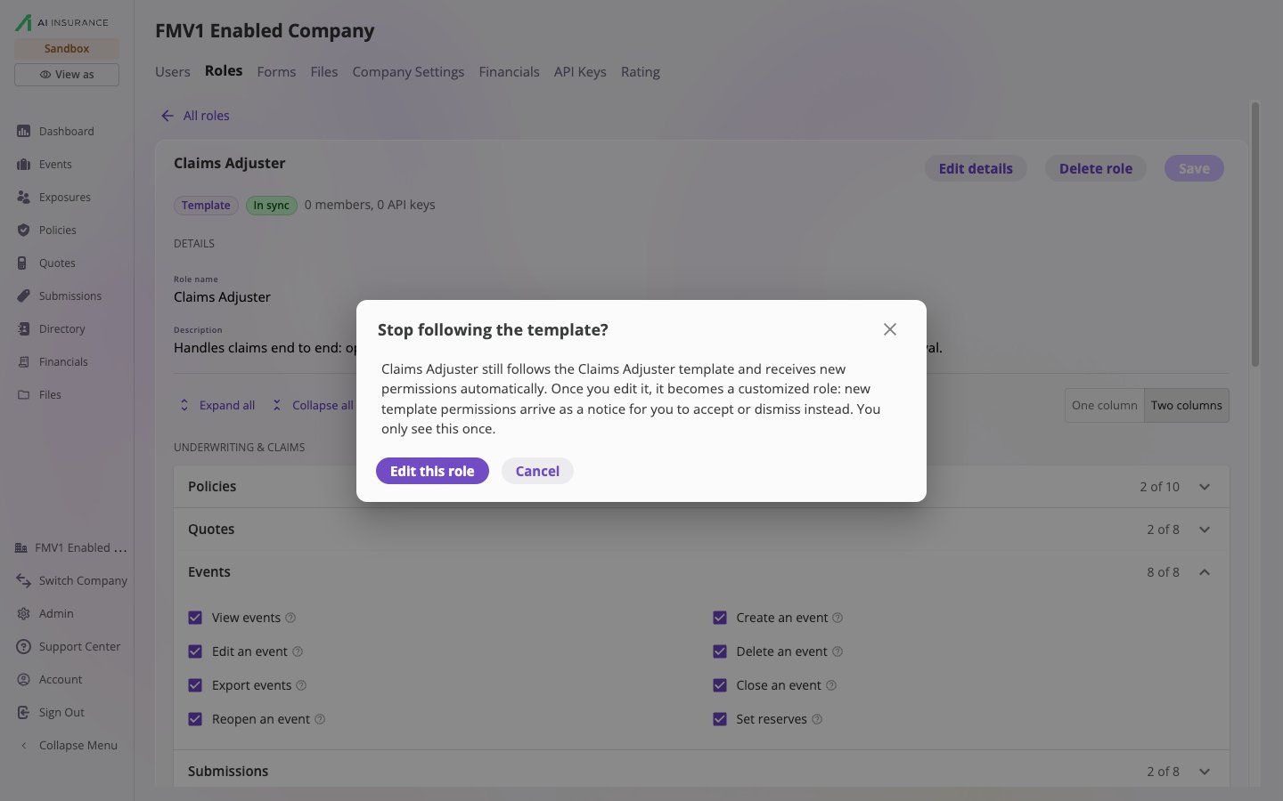 The Stop following the template? dialog over the Claims Adjuster editor, explaining that the role still follows its template and will become a customized role, with Edit this role and Cancel buttons.