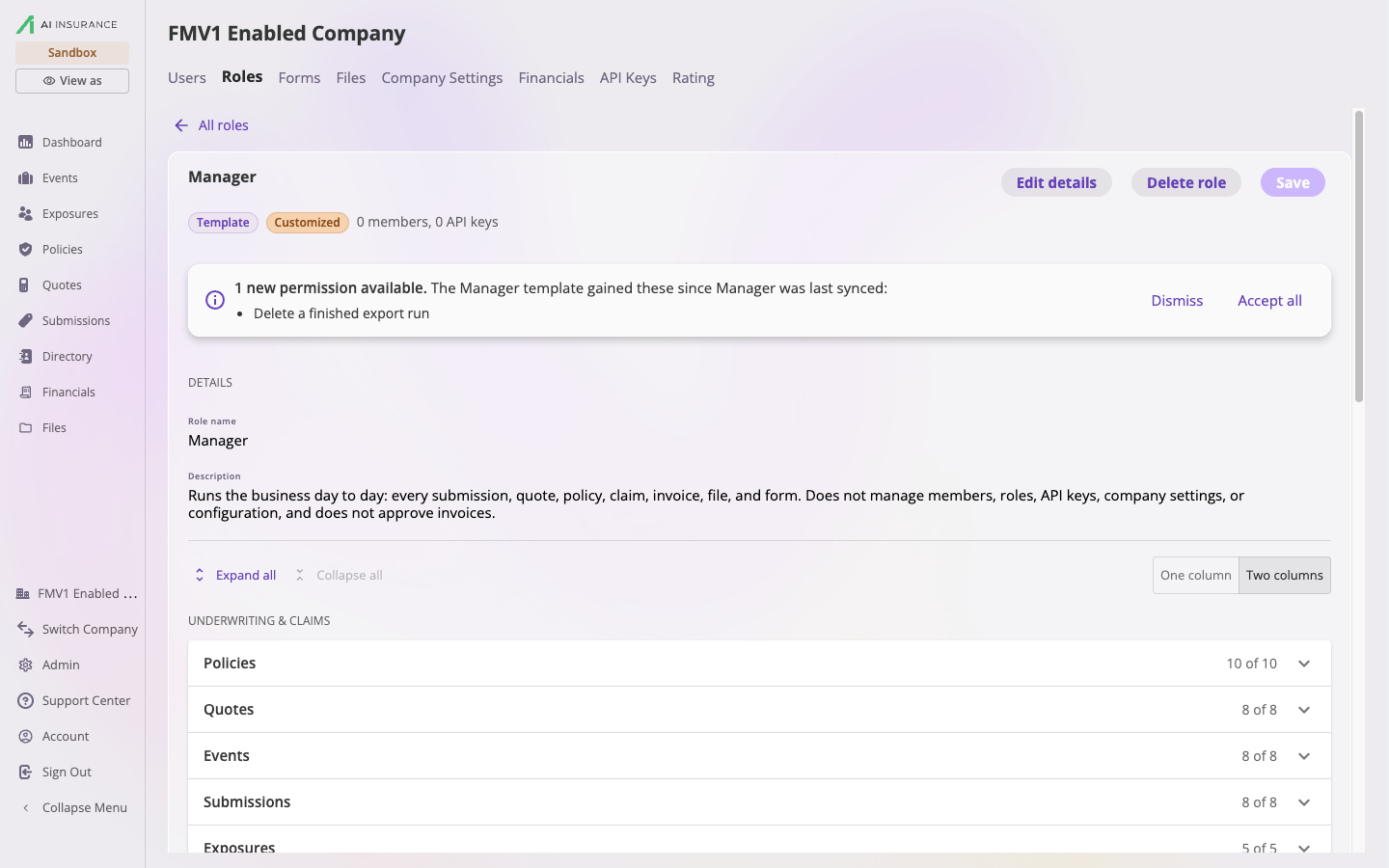 The Manager role editor with Template and Customized pills and a banner reading 1 new permission available. The Manager template gained these since Manager was last synced, listing Delete a finished export run, with Dismiss and Accept all actions.