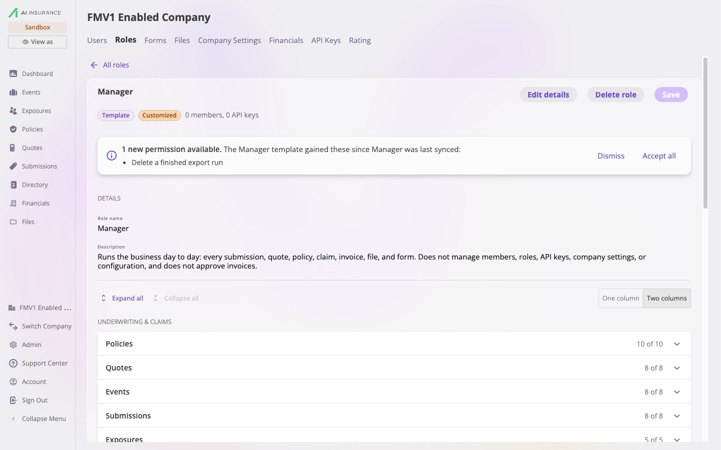 The Manager role editor with Template and Customized pills and a banner reading 1 new permission available. The Manager template gained these since Manager was last synced, listing Delete a finished export run, with Dismiss and Accept all actions.