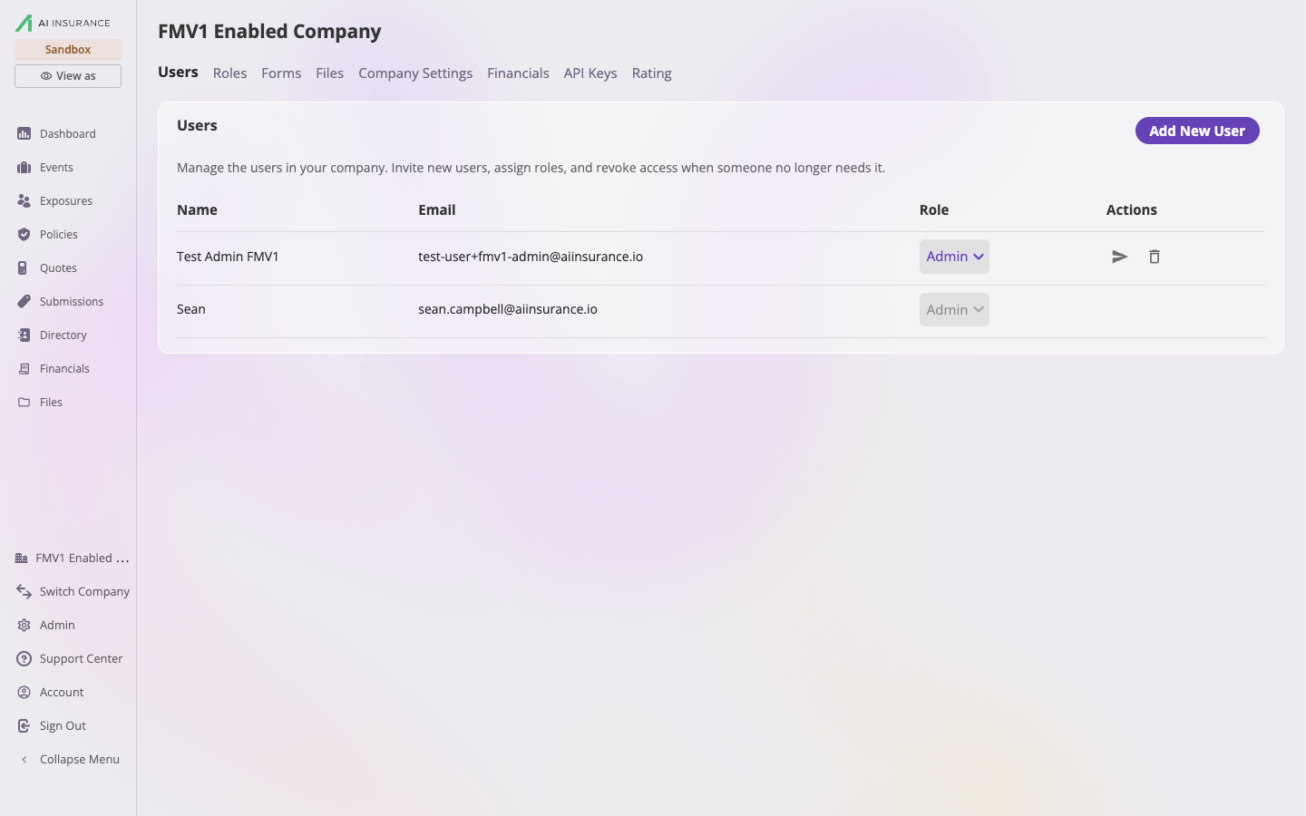 The admin Users tab showing a table of users with Name, Email, Role, and Actions columns, an inline role dropdown per row, resend-invite and remove icons, and an Add New User button at the top right.