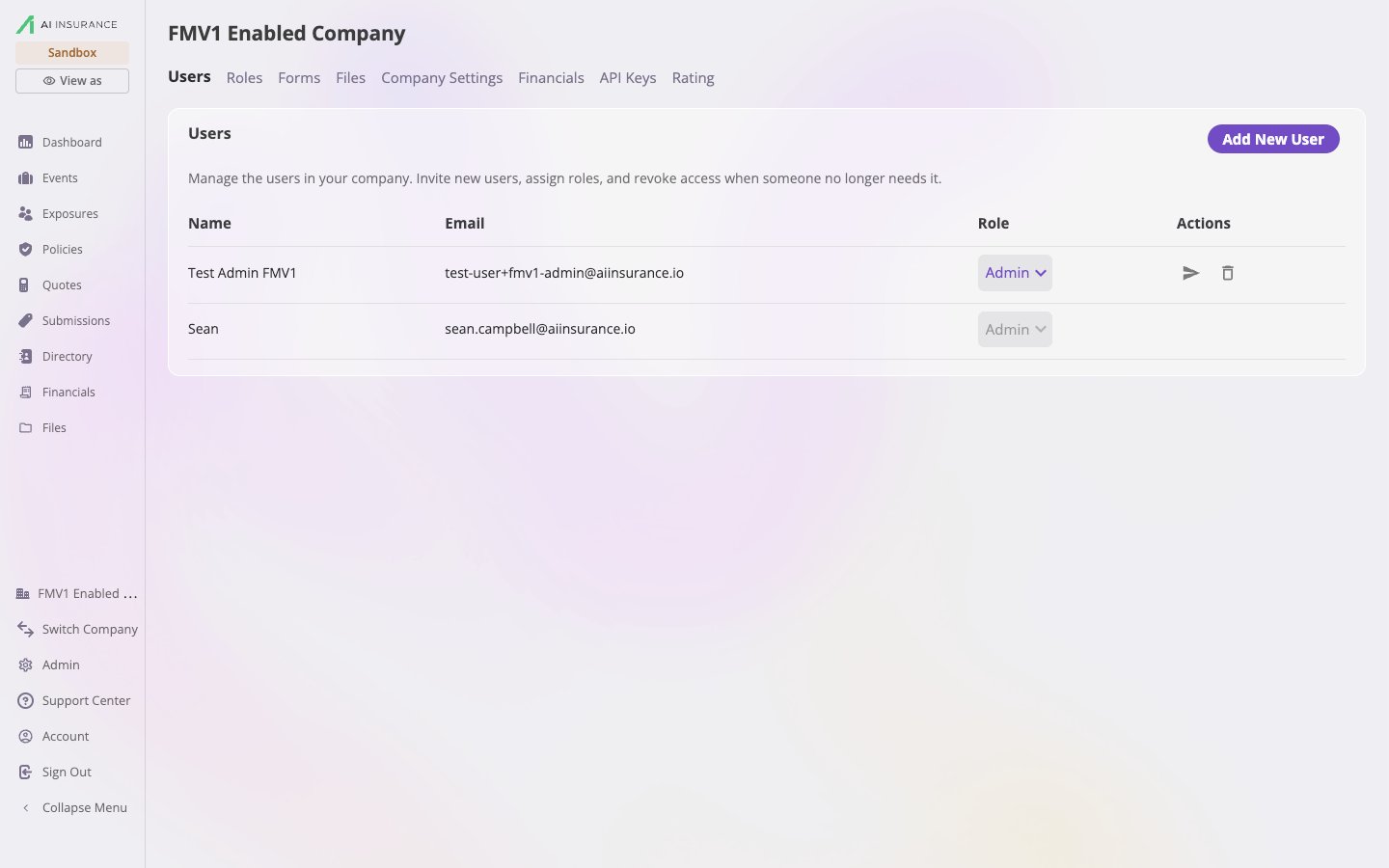 The admin Users tab showing a table of users with Name, Email, Role, and Actions columns, an inline role dropdown per row, resend-invite and remove icons, and an Add New User button at the top right.
