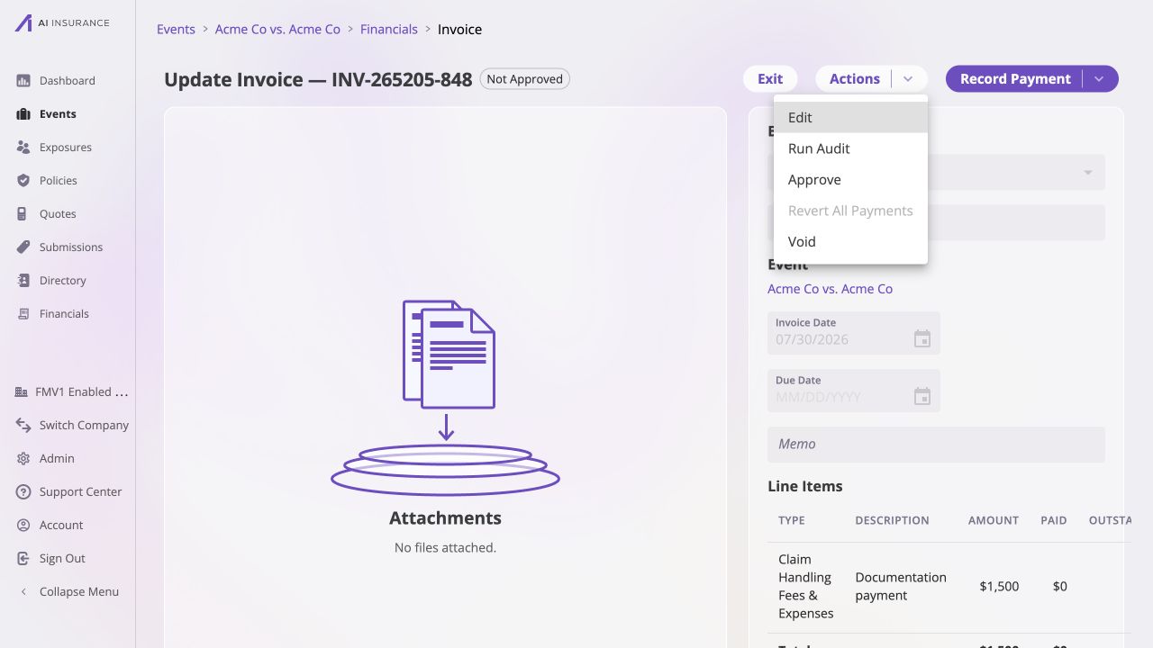 Invoice Detail with the Actions menu open, showing Edit, Run Bill Review, Approve, disabled Revert All Payments, and Void.