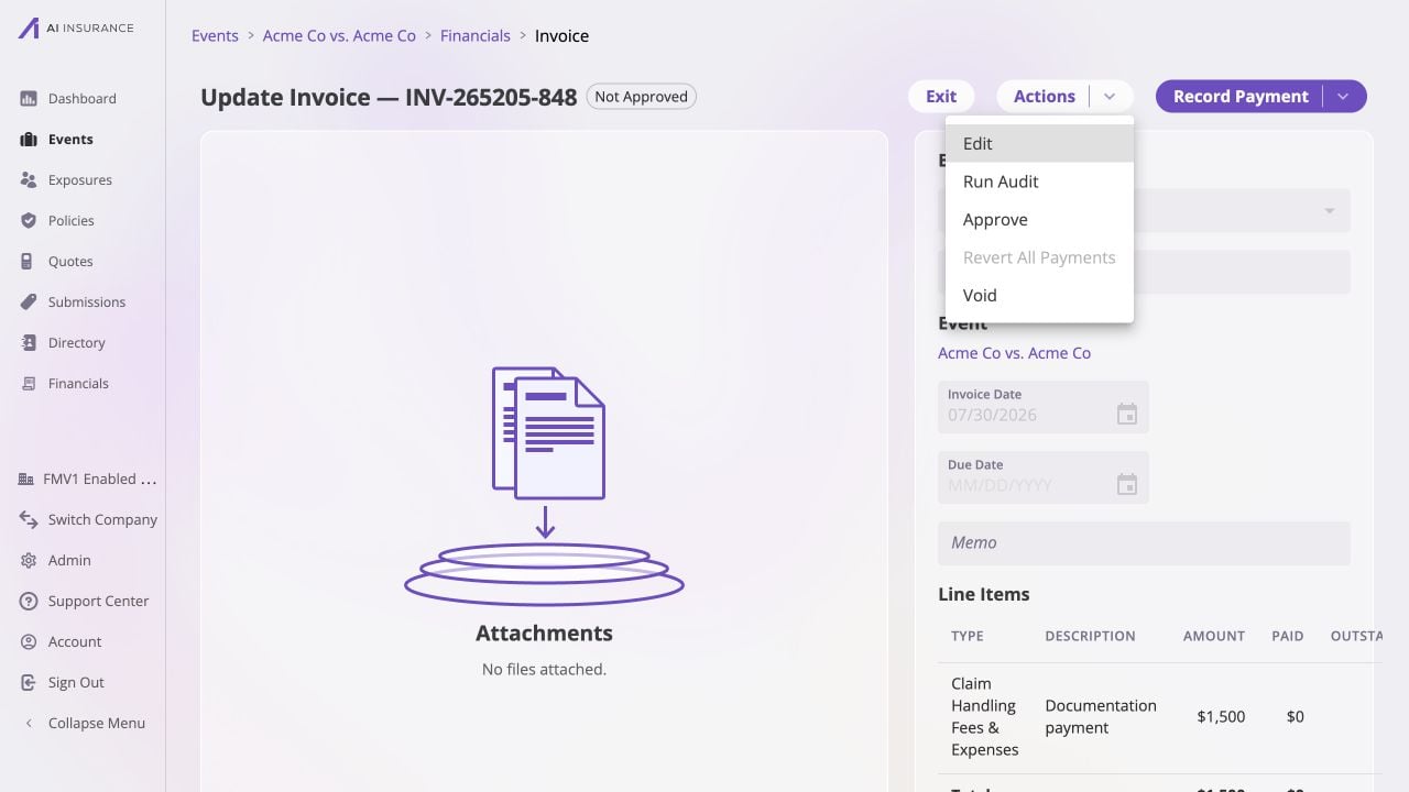 Invoice Detail with the Actions menu open, showing Edit, Run Bill Review, Approve, disabled Revert All Payments, and Void.
