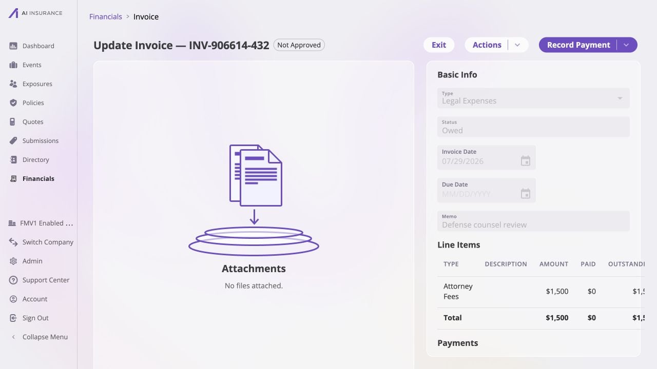 Invoice Detail page for an Owed Legal Expenses invoice with a Not Approved badge, Actions and Record Payment controls, Basic Info, attachments, line items, totals, and Payments section.