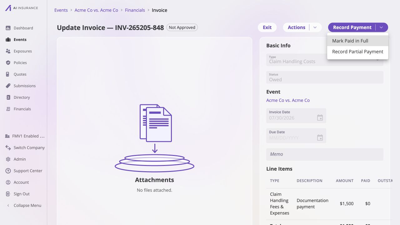 Invoice Detail with the Record Payment menu open, showing Mark Paid in Full and Record Partial Payment.