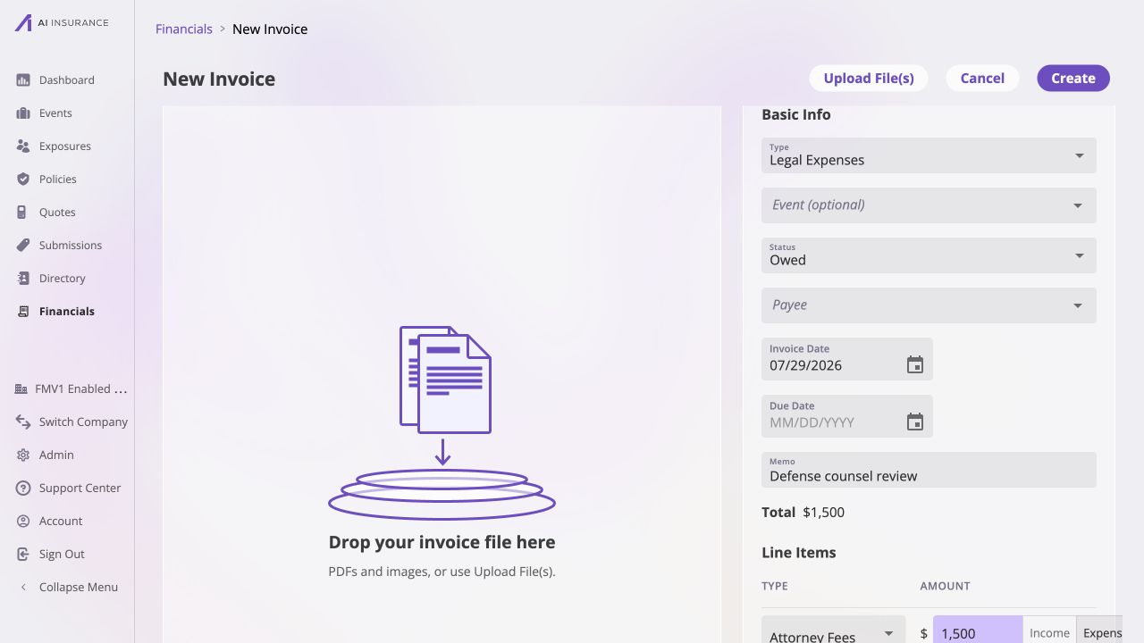 New Invoice page with an optional Event picker, Owed status, Payee, Invoice Date, Due Date, Memo, attachment drop zone, and a Legal Expenses line item.