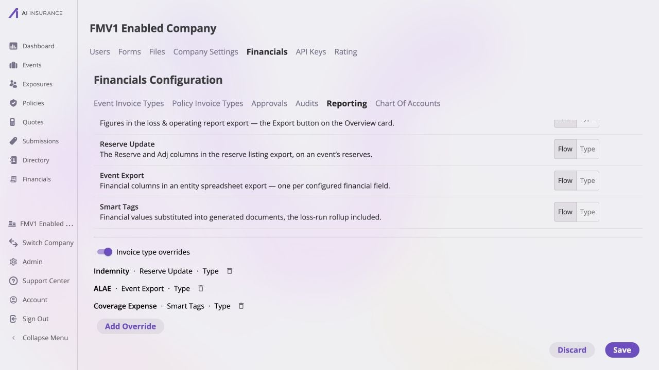 Reporting configuration with Invoice type overrides enabled and three rows: Indemnity Reserve Update Type, ALAE Event Export Type, Coverage Expense Smart Tags Type, plus Add Override, Discard, and Save controls.