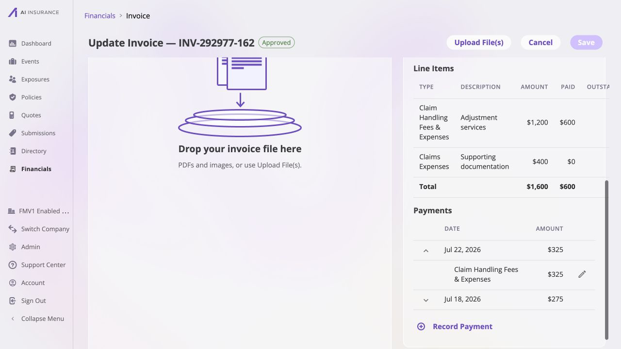 Approved invoice INV-292977-162 in Edit mode with Cancel and Save actions, $600 paid across its line items, the July 22, 2026 payment expanded to a $325 Claim Handling Fees and Expenses allocation, and its edit-payments pencil visible.