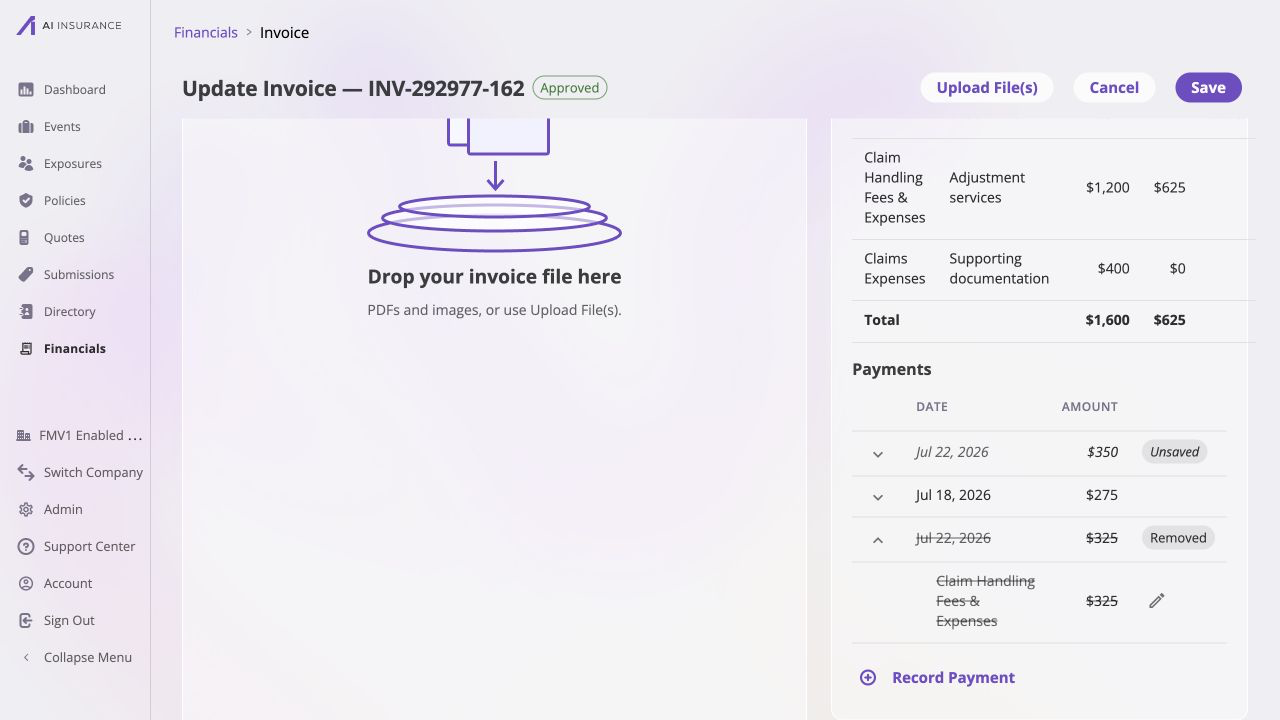 Invoice INV-292977-162 edit draft with $625 paid on the affected line, an Unsaved $350 payment dated July 22, the original $325 payment struck through and marked Removed, and an enabled page-level Save button.