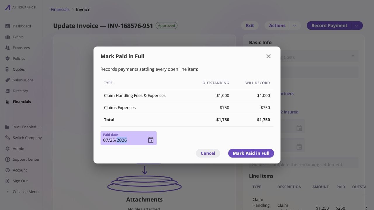 Mark Paid in Full confirmation for INV-168576-951 showing $1,000 and $750 outstanding on two open lines, matching Will record amounts, a $1,750 total, paid date July 25, 2026, and Cancel and Mark Paid in Full actions.